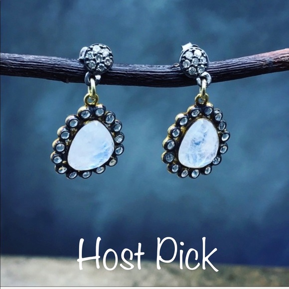 Diamonds moonstones and topaz earrings - Picture 2 of 6